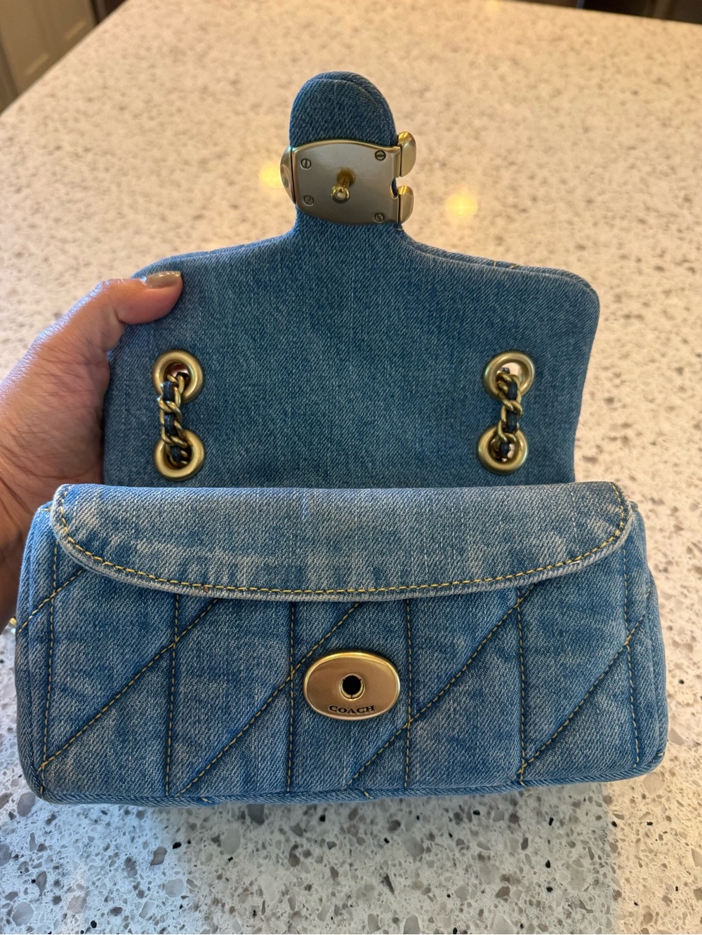Coach Quilted Denim Shoulder Bag with Gold 'C' Hardware - Picture 5 of 13